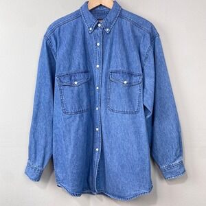Vintage‎ 90s Faded Glory Denim Button Down Shirt Size M Oversized Blue Jean Top